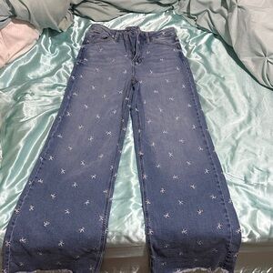 Women's Dark Blue White Bow Embroidered Wide-Leg Jeans